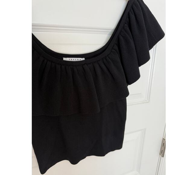 Favlux Black Ribbed Knit Off Shoulder Ruffle Top Women’s Size M - Picture 2 of 4